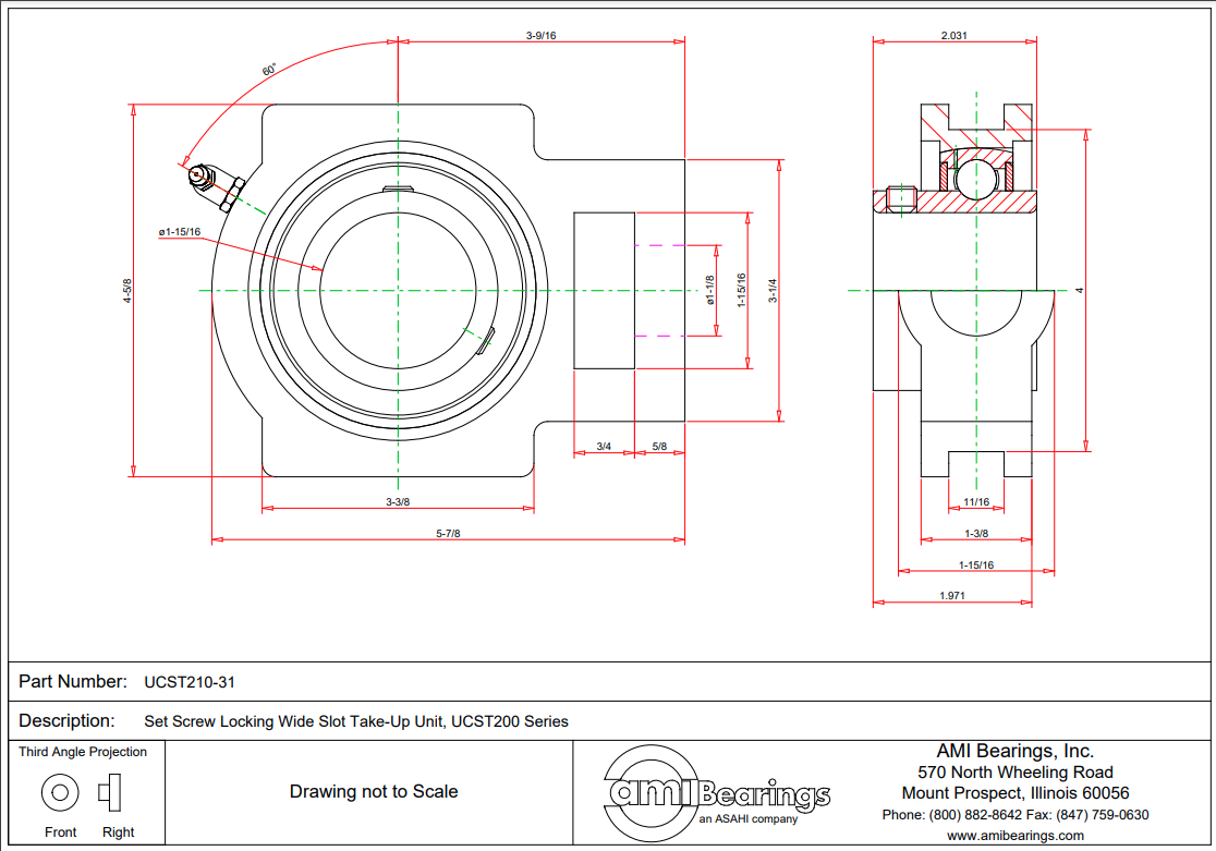 UCST210-31 RODAMIENTO DE BOLAS DE UNA HILERA DE 1-15/16'' DE ANCHO CON TORNILLO DE FIJACIÓN Y RANURA ANCHA
