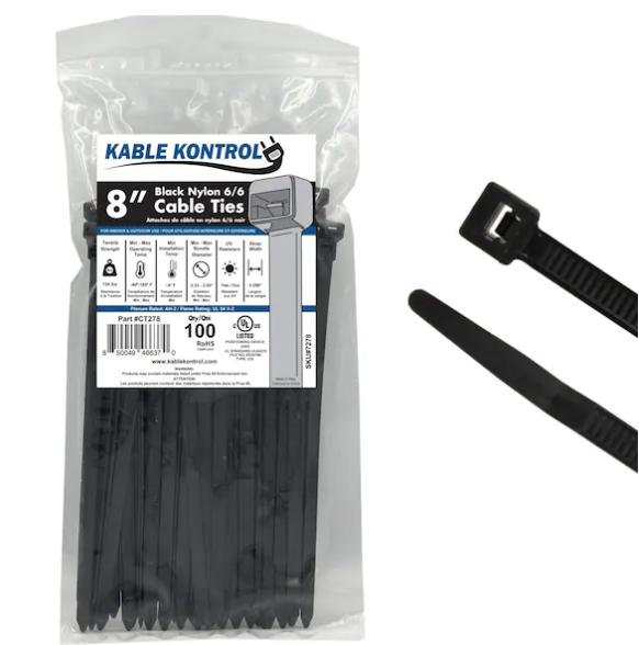 Kable Kontrol Cable Tie, 8 in L, 2.16 in Max Bundle Dia., Black, Nylon 6/6, 120 lb Strength, 100 PK
