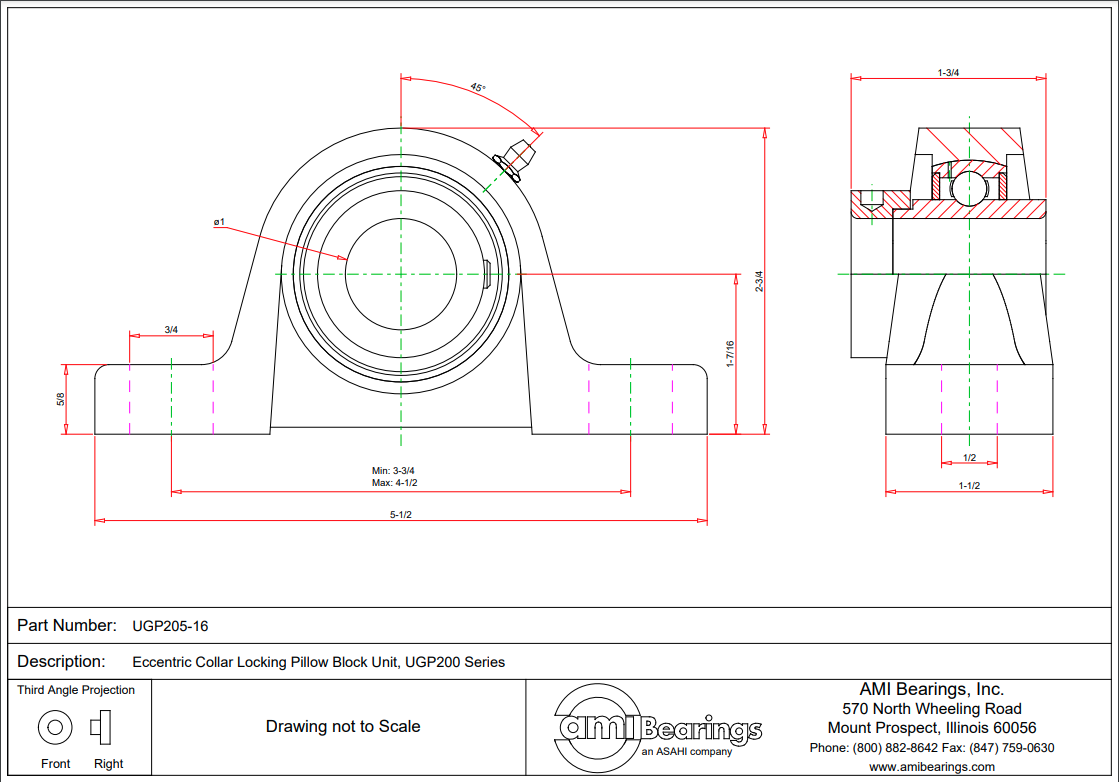 UGP205-16 SINGLE ROW BALL BEARING 1'' WIDE ECCENTRIC COLLAR PILLOW BLOCK