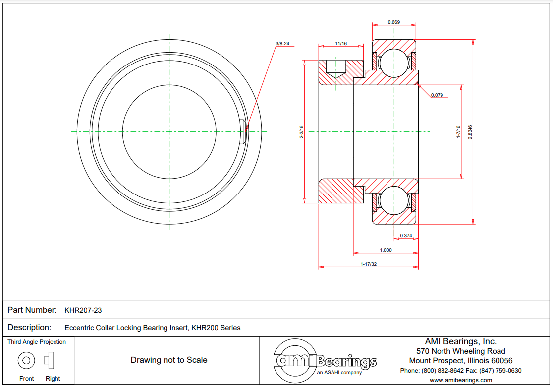 KHR207-23 SINGLE ROW BALL BEARING - 1-7/16 NORMAL ECCENTRIC COLLAR BRG INSERT